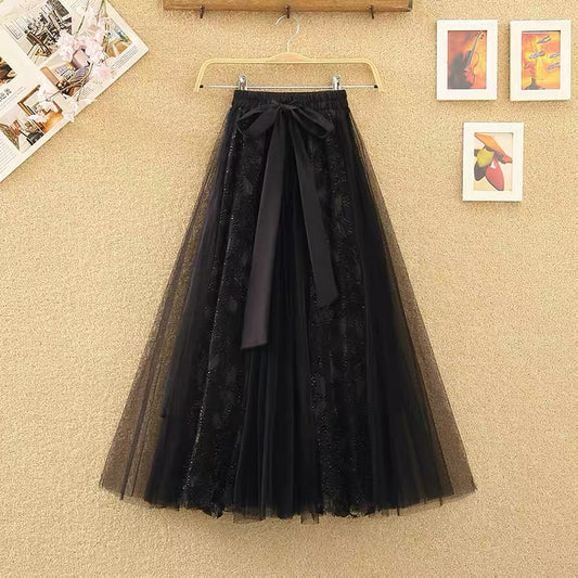 Fairy swing skirt, new style, bow, lace stitching, mesh high waist skirt, shaggy long gauze skirt  3520