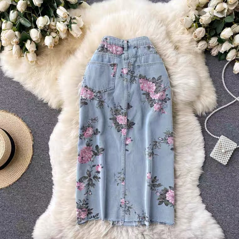 Denim skirt, new style, high-waisted A-line skirt, floral slit skirt  3521