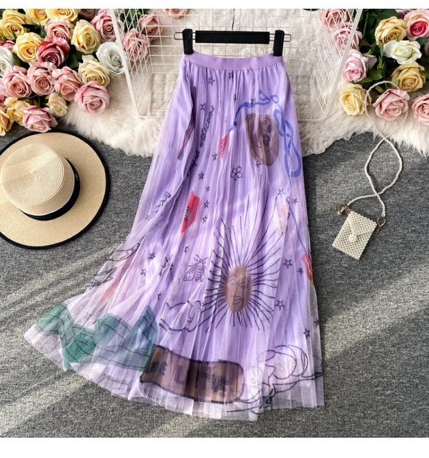 High waist, A-line big swing printed gauze skirt, pleated skirt, mid length skirt gauze skirt  3522