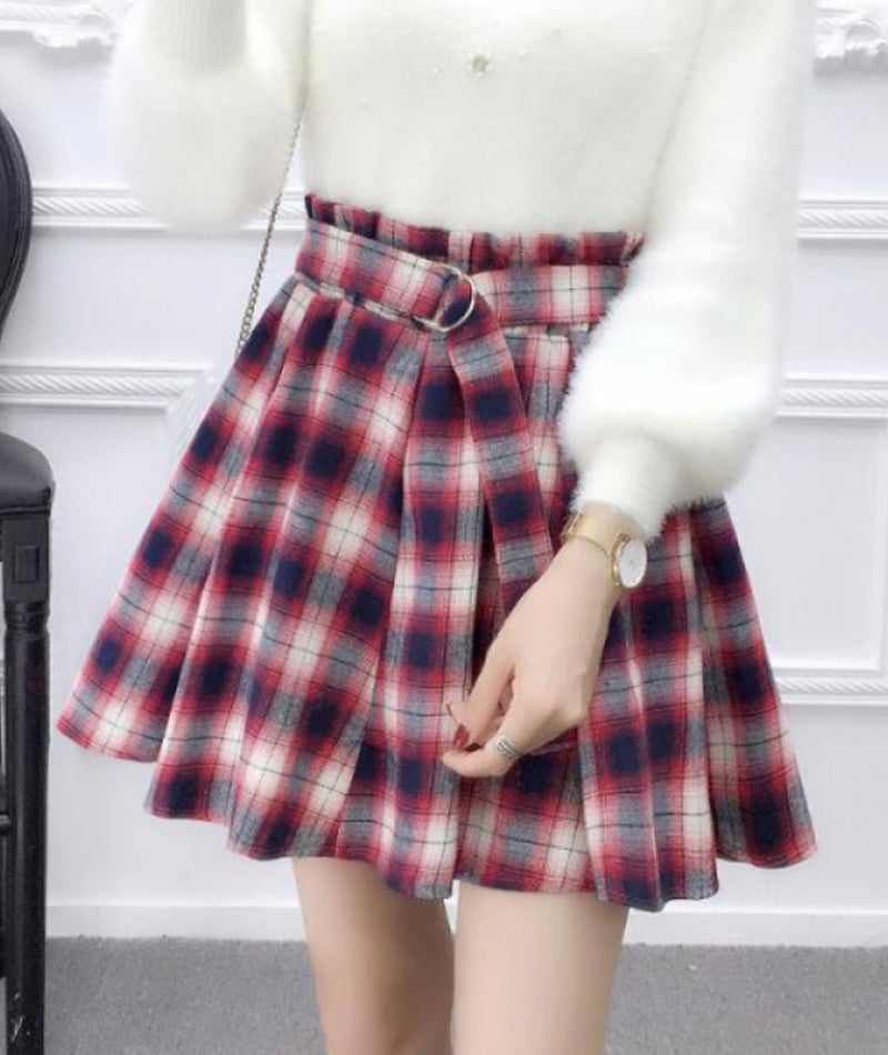 Cute A line pleated skirt plaid skirt  3480