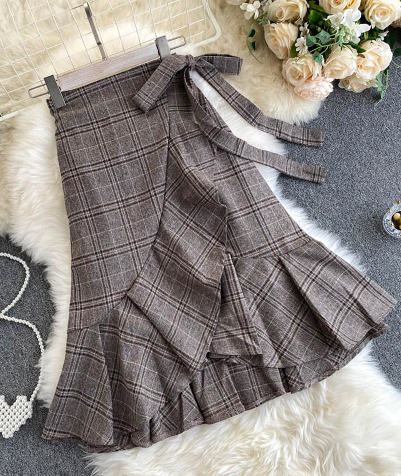 A line irregular plaid skirt  3474