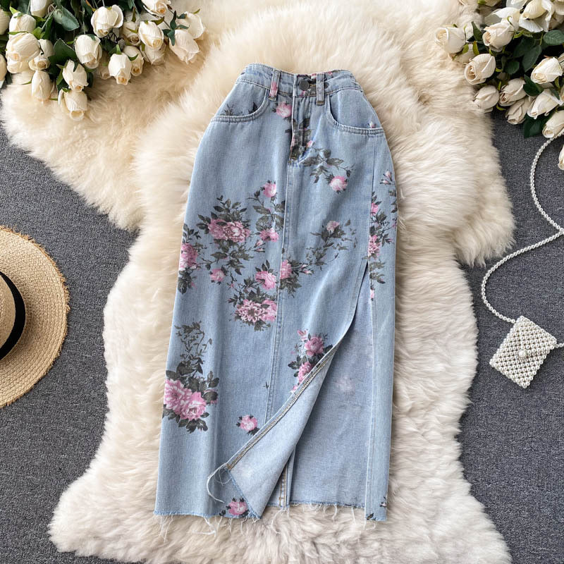 Denim skirt, new style, high-waisted A-line skirt, floral slit skirt  3521