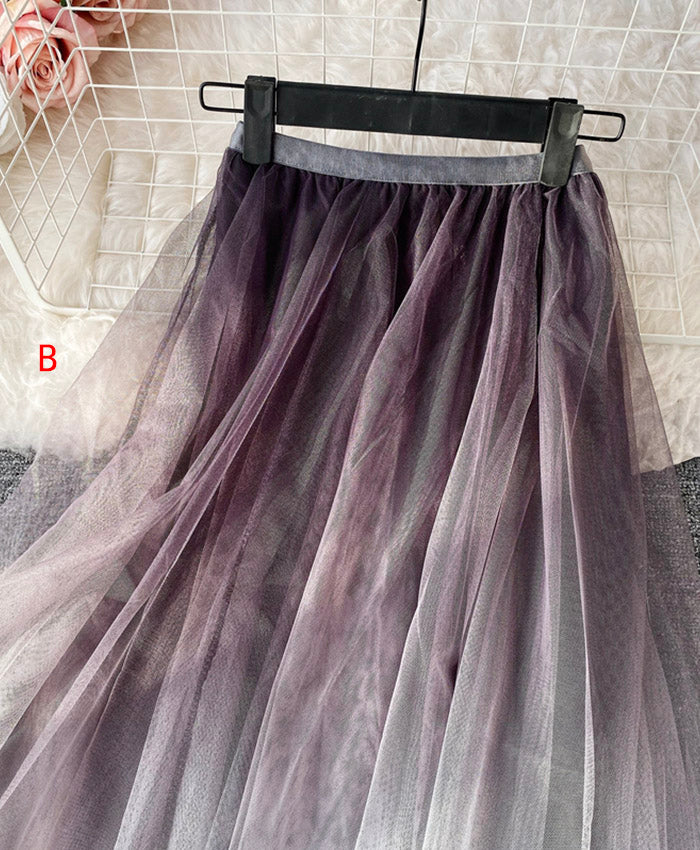 A line irregular tulle skirt gradient color skirt  3493