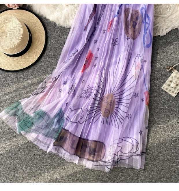 High waist, A-line big swing printed gauze skirt, pleated skirt, mid length skirt gauze skirt  3522