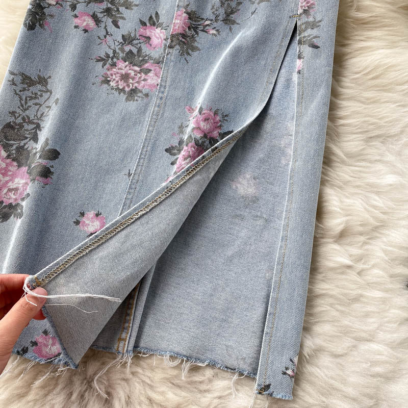 Denim skirt, new style, high-waisted A-line skirt, floral slit skirt  3521