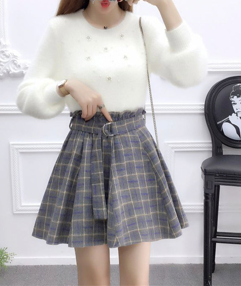 Cute A line pleated skirt plaid skirt  3480