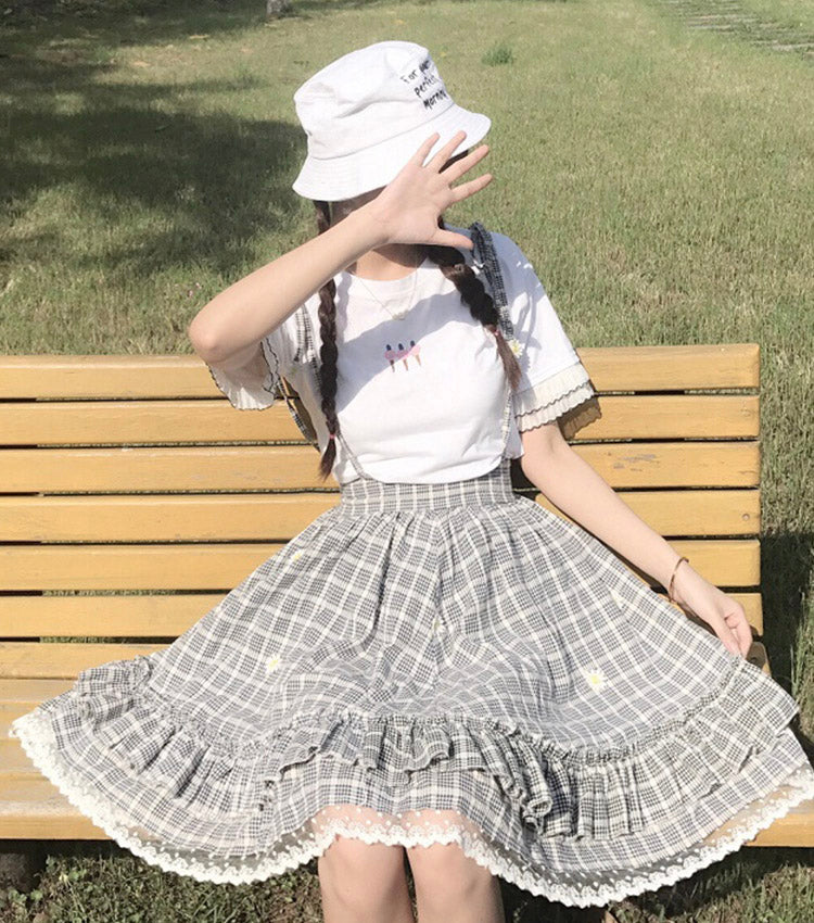 Sweet plaid suspender skirt plaid skirt  3491