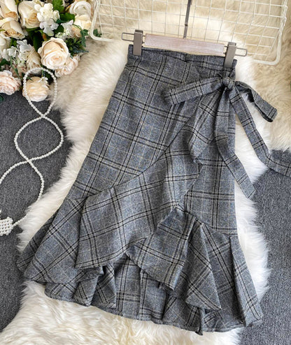 A line irregular plaid skirt  3474