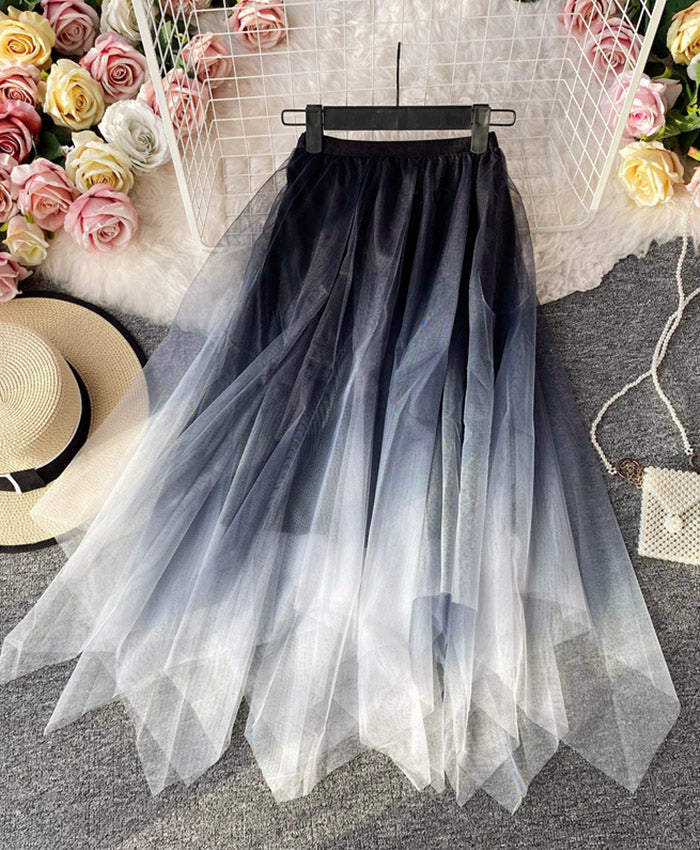 A line irregular tulle skirt gradient color skirt  3493