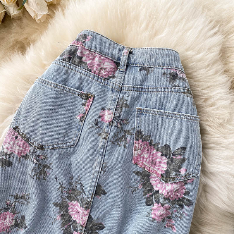 Denim skirt, new style, high-waisted A-line skirt, floral slit skirt  3521