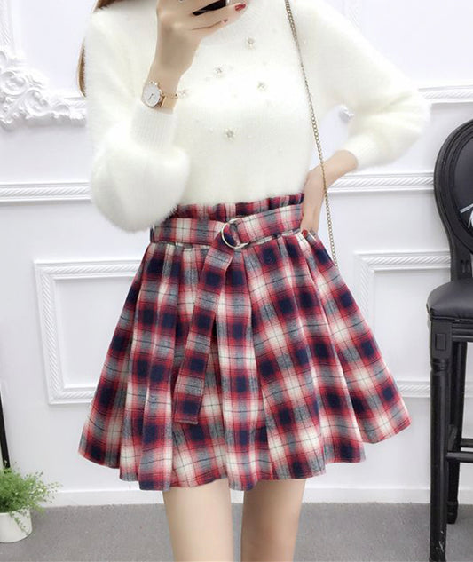 Cute A line pleated skirt plaid skirt  3480