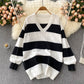 Pull à manches longues en tricot simple à col en V 007
