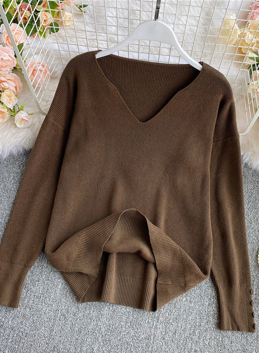 Sweater simple v neck long sleeve sweater  090