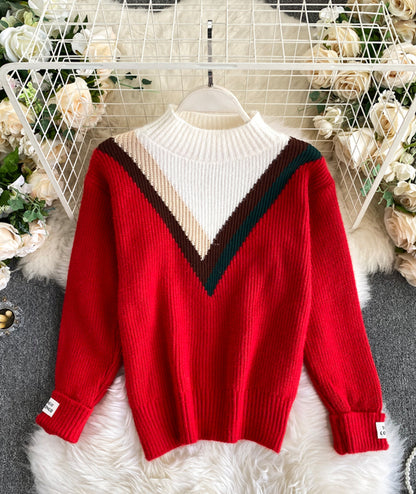 Red round neck long sleeve sweater  067