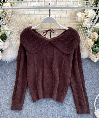 Cute lapel sweater long sleeve sweater  075