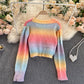 Regenbogen-Strickjacke mit langen Ärmeln und kurzem Pullover 022