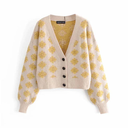 Cardigan tricoté taille haute à manches longues et col en V en jacquard diamant vieilli pour fille 7157