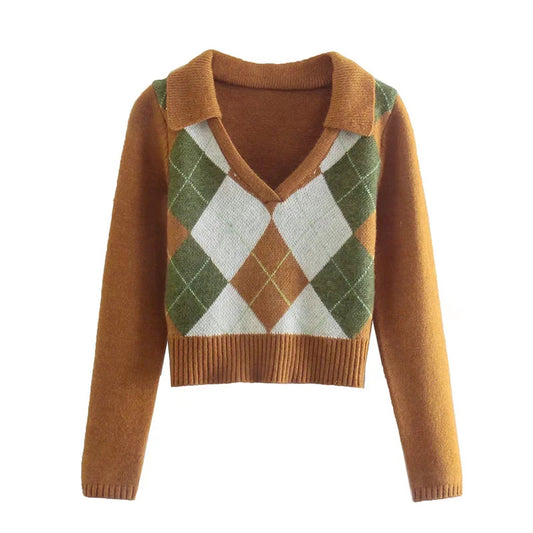 Tricot jacquard slim à carreaux contrastés et col en V 7195