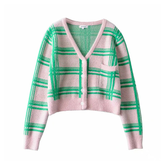 Cardigan tricoté à carreaux assortis aux couleurs pour femmes, manteau pull rétro minoritaire 7185