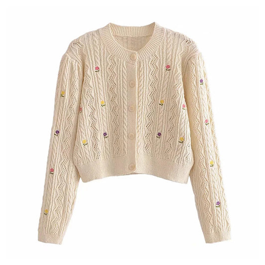 Manteau cardigan en tricot à col rond avec broderie florale 7303