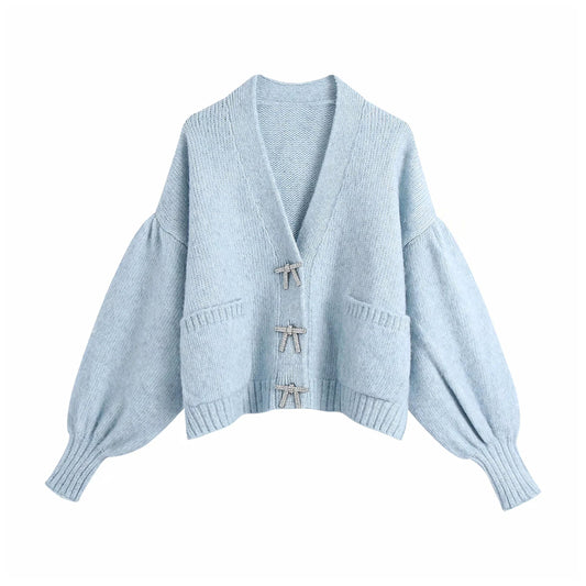 Pull en tricot à nœuds diamantés Veste à manches lanternes 7225