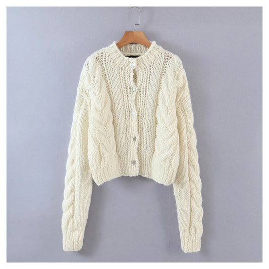 Nouveau pull torsadé à simple boutonnage et col rond de style paresseux 7380