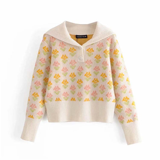 Pull court à fleurs bicolores pour fille rétro d'automne au tempérament doux 7163