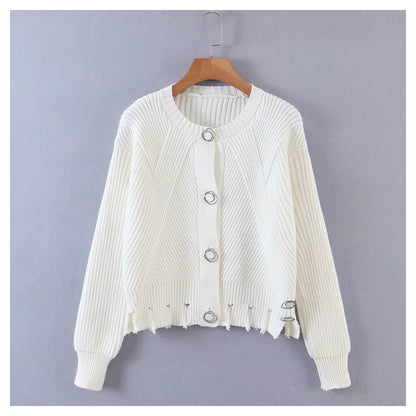 Irregular button round neck long sleeve knitted cardigan sweater  7358