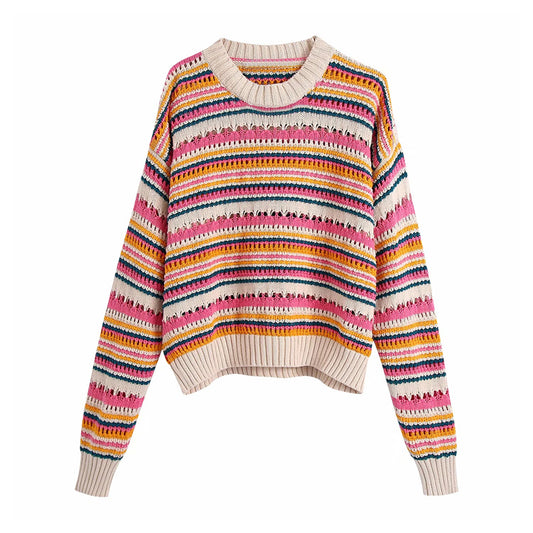 Pull col rond à rayures colorées ajourées 7255