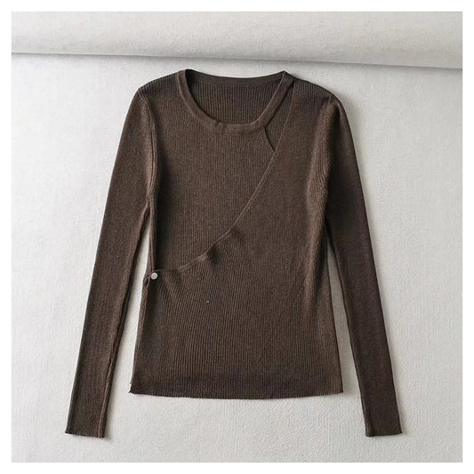 Cardigan tricoté polyvalent de couleur pure à col rond irrégulier et coupe ajustée 7367