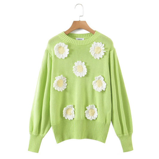 Pull en tricot ample à motif tournesol tridimensionnel 7299