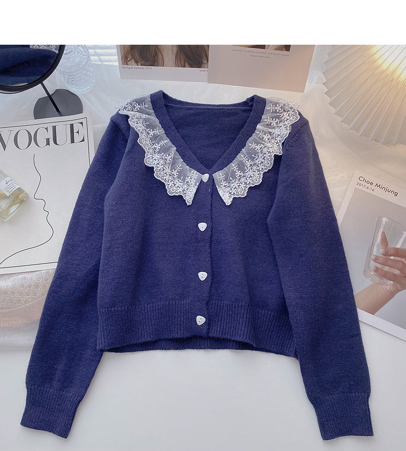 Korean version lace edge V-neck single breasted design feels thin top  5965