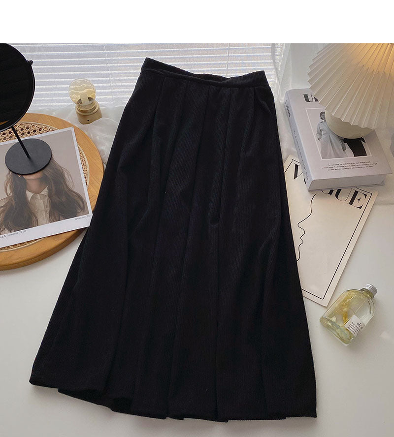 Simple high waist corduroy A-shaped medium length skirt  5784