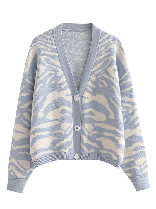 Manteau cardigan en tricot ample à manches longues et col en V en jacquard animal polyvalent 7247