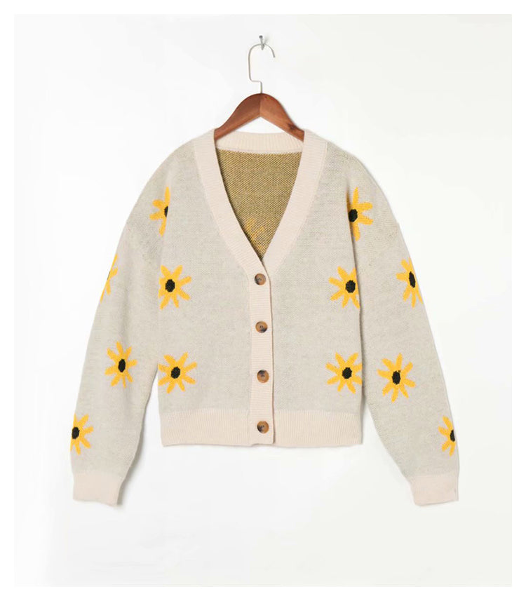 Cardigan tricoté à col en V et imprimé floral, manteau pull d'automne 7257