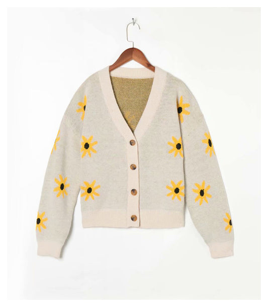 Cardigan tricoté à col en V et imprimé floral, manteau pull d'automne 7257