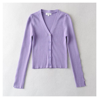 Cardigan en tricot à col en V, simple boutonnage, taille haute, nombril ouvert 7385