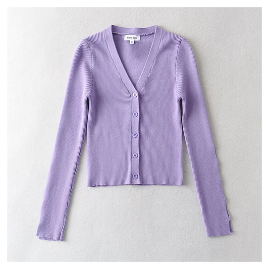 Cardigan en tricot à col en V, simple boutonnage, taille haute, nombril ouvert 7385