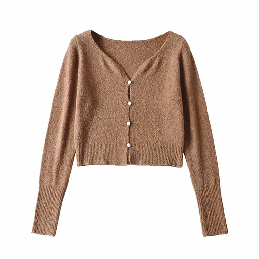 Cardigan tricoté à col en V avec nombril exposé et manches longues 7229