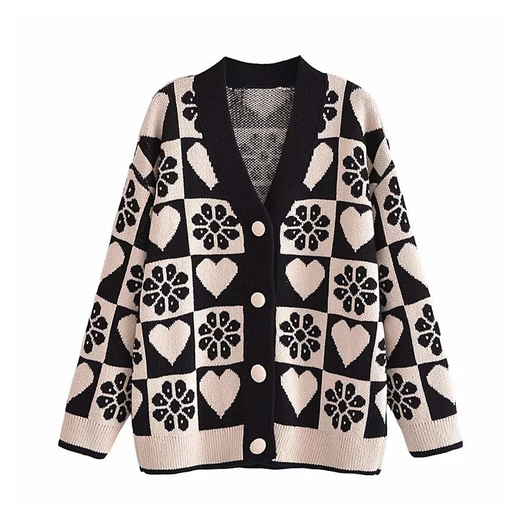 Pull cardigan tricoté jacquard à manches longues et col en V de qualité 7266