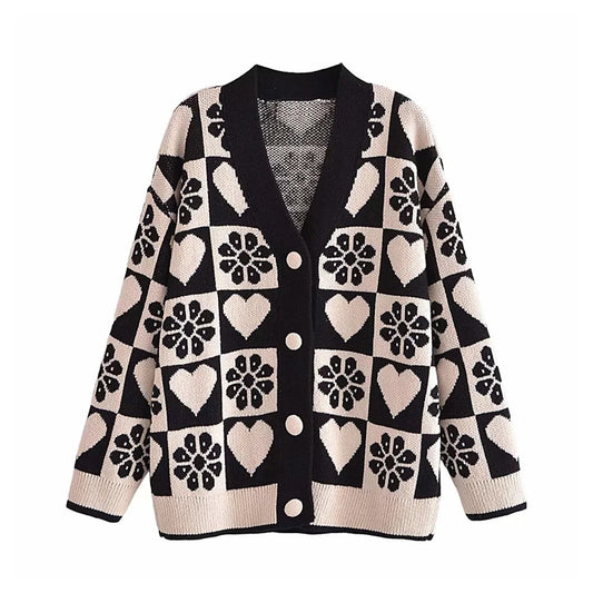 Pull cardigan tricoté jacquard à manches longues et col en V de qualité 7266