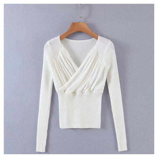 Bas plissé à col en V pour femme en tricot ajusté et slim 7228
