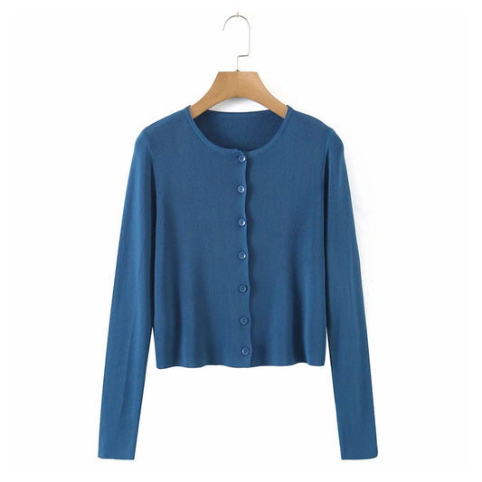 Haut cardigan à manches longues en tricot slim de couleur unie à col ras du cou 7248