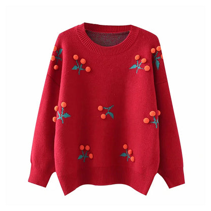 Three dimensional flower round neck Pullover knitted sweater lazy loose top  7388