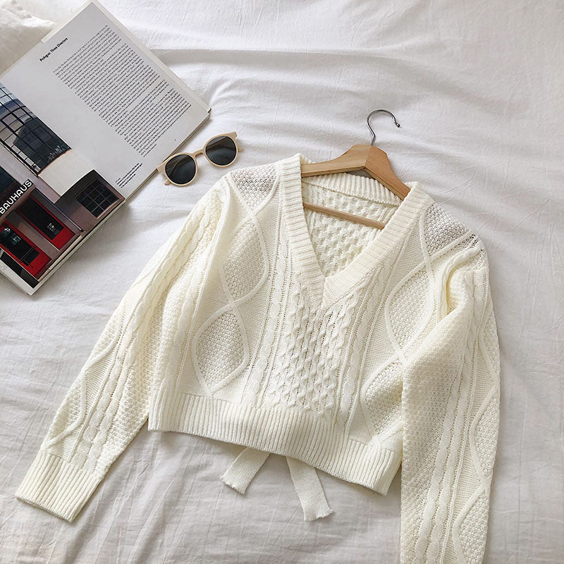 Bandage short V-neck twist long sleeve sweater 5832