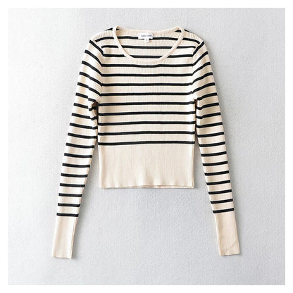 U-neck striped long sleeve slim bottomed sweater for women  7340