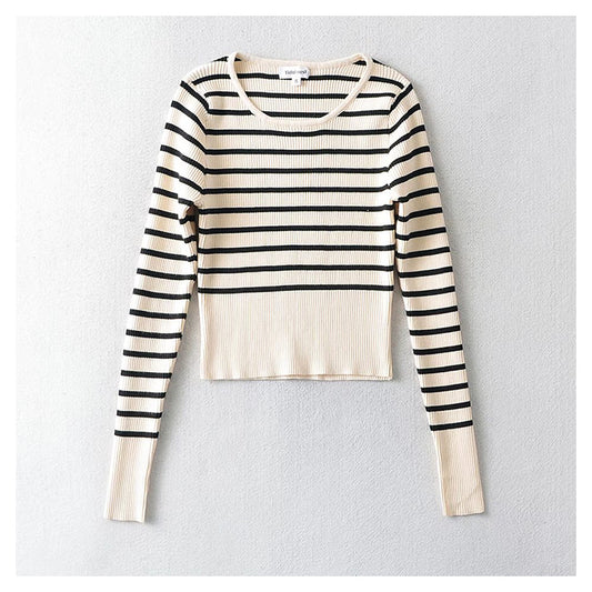 Pull rayé à manches longues et col en U pour femme 7340
