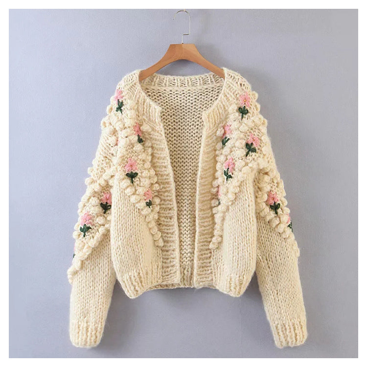 Three dimensional flower hook woven lantern sleeve cardigan sweater coat  7320