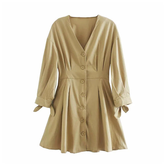 European and American style long sleeved women's wear with belt V-neck dress  7103