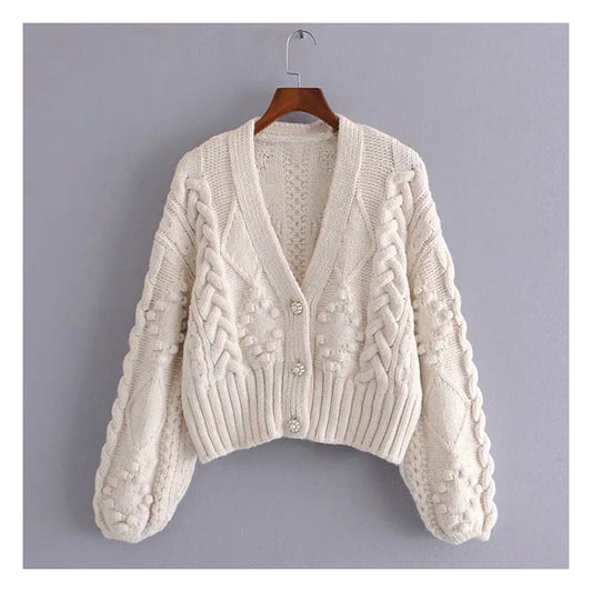 Cardigan en tricot torsadé rétro français Pull à col en V et manches lanternes 7173
